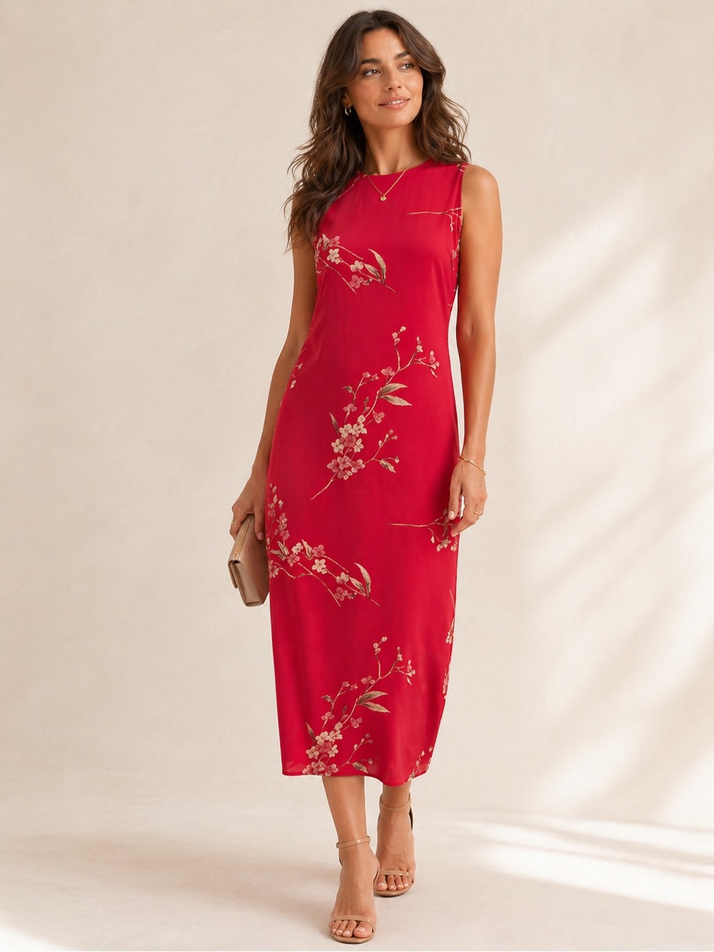 Vintage Silk Maxi Dress Red Sleeveless High Neck Petite 2P